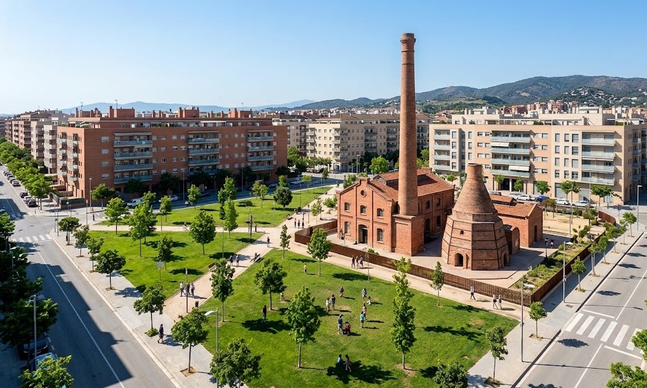 Vistas de la antigua fábrica, parques y el barrio de Les Bòbiles en Gavà